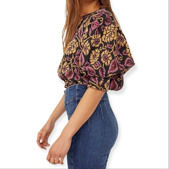 FREE PEOPLE Floral Purple & Yellow Open Back Boat Neck Puff Sleeve Cotton Top - Picture 3 of 15